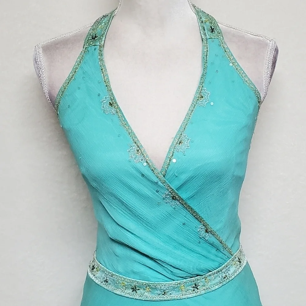 Vintage 90s Laundry by Shelli Segal Aqua Silk Chiffon Sequin T-Back Hi-low Dress - Picture 5 of 16
